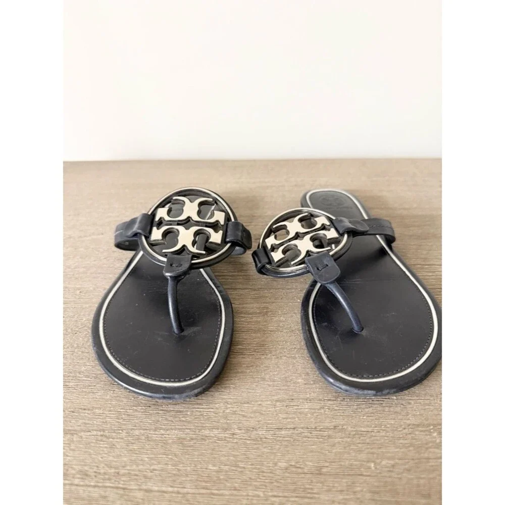 Tory Burch Navy & Silver Miller Logo Thong Sandals Size 6.5 EUC